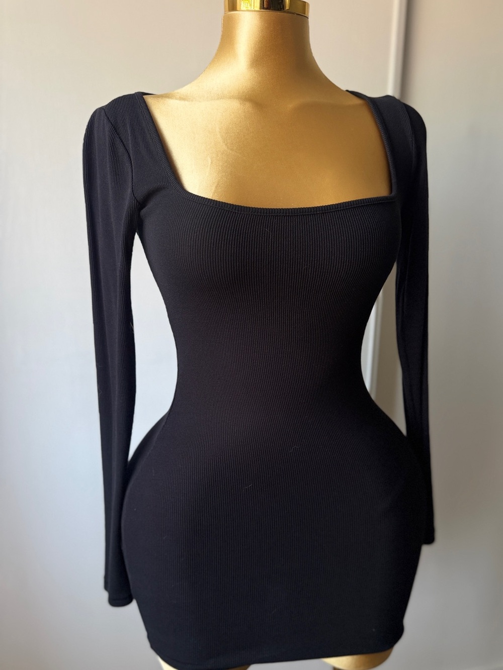 Oh Polly Black Square-Neck Long Sleeve Bodycon Dress